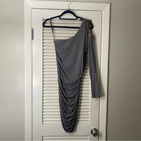 WOMENS M GRAY ONE SHOULDER DRESS - Picture 2 of 4
